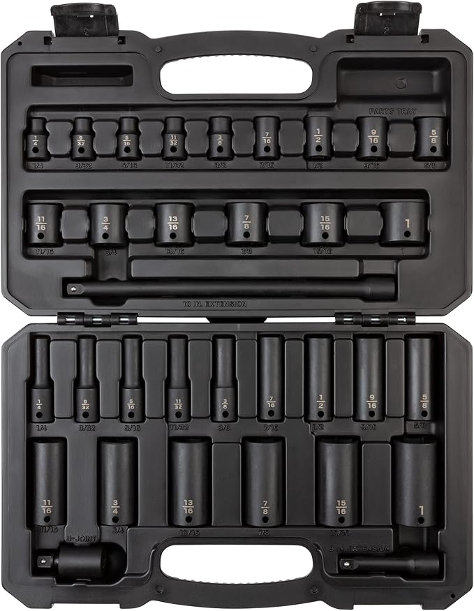TEKTON 3/8 Inch Drive 6-Point Impact Socket Set, 33-Piece (1/4-1 in.) | SID91400 | (1/4 - 1 in.), Shallow and Deep, 6-Point, Case