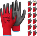 KAYGO Work Gloves for Men and Women, 12 Pairs Seamless Knit PU Coated Safety Gloves, with Smooth Grip on Palm and Fingers, Ideal for Light Warehouse, Manufacturing, Gardening, KG11P (M, Red)