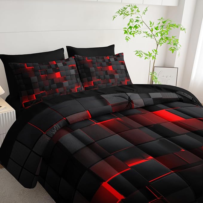 Nttopship Geometric Red Black Queen Comforter Set,Light Honeycomb Bedding Set 7 Piece in A Bag,Bed Sheet Set Geometry Decor,Microfiber Lightweight All Season
