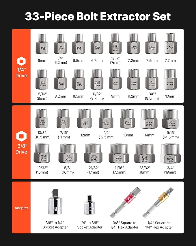 VEVOR Bolt Extractor Set, 32-Piece Bolt and Nut Remover Set, 6mm to 10mm, 13/32" to 3/4", CR-MO Steel Extraction Socket Set with Storage Case, for Removing Damaged Rusted Bolts, Nuts and Screws