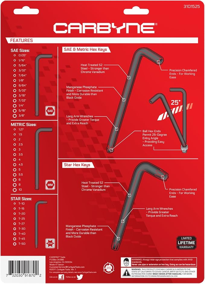 35-Piece Long Arm Ball End Hex (Allen) Key Wrench Set, Metric, SAE and Torx Keys, S2 Steel, 1.27mm to 10mm, 0.05 to 3/8 in, and T10 to T50, for Automotive, Bicycle, Household and Furniture Repair