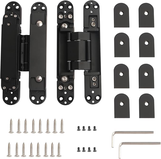 2-Pack 7 inch Black Hidden Door Hinges Heavy Duty, Zinc Alloy Invisible Hinges, Concealed 180 Degree Swing Hinge, 3 Way Adjustable Butt Hinge