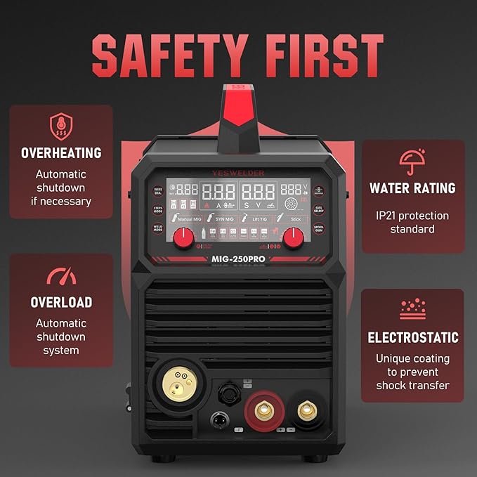 YESWELDER 250A MIG Welder, 110V/220V Dual Voltage, MIG/Pulsed MIG/Flux Core/Spool Gun MIG/Lift TIG/Stick 6-In-1 Multiprocess Advanced Digital Display Aluminum Welding Machine