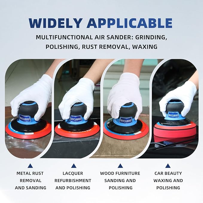 6 Inch Pneumatic air Sander Kit (with 12 Sandpapers, Polishing Pads & Accessories & A Free Air Blow Gun) – da sander for auto Body Specialized, Pneumatic Orbital Sander, Professional & DIY Compatible