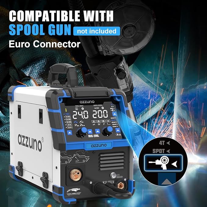 AZZUNO Aluminum MIG Welder 200A 110V/220V, 8 in 1 Multi-process Welder Machine Aluminum MIG/Gas MAG/Gasless Flux Core MIG/Gas MIG/Spot MIG/Spool Gun Compatible/Lift TIG/Stick Welding