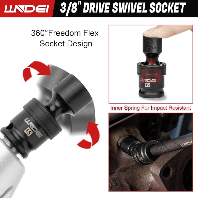 LLNDEI 3/8" Drive Universal Impact Socket Set, 19 Pieces CR-MO Swivel Socket Set, Metric(8-22mm) Wobble Sockets 6 Point with Extension Bars, Adapter and Black Organizer