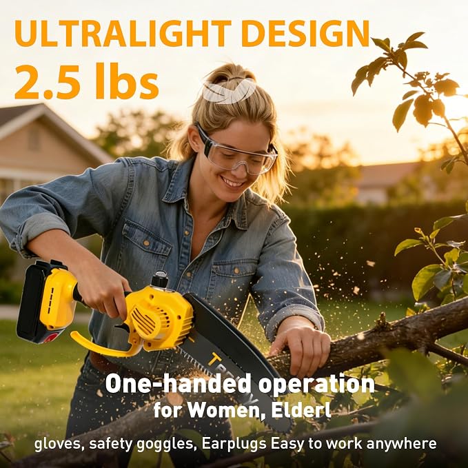 8+6 Inch Mini Chainsaw Cordless Electric Chainsaws Handheld with 2X 2.0Ah Batteries, Battery Powered Chain Saw Small Chain Saws for Tree Trimming, Yard Gardening Tools, Birthday Gifts for Men(YellowA)