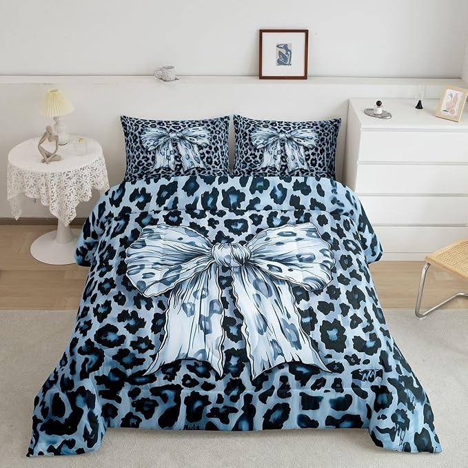 Feelyou Leopard Print Comforter Set All Season Cute Blue Bow Bedding Set with 2 Pillow Cases Cheetah Animal Fur Microfiber Kids Queen Bedclothes Bedroom Decor Duvet Quilt Breathable Soft Lightweight