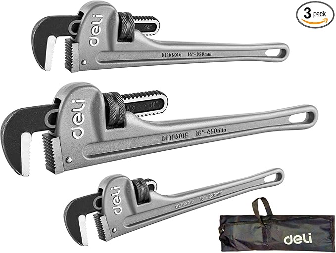 deli 3-Piece Heavy Duty Aluminum Pipe Wrench Set, 10" 14" 18" Adjustable Pipe Wrench Set with Tool Bag, Professional Plumbing wrench Set, for Pipe, Home, Vehicle repair