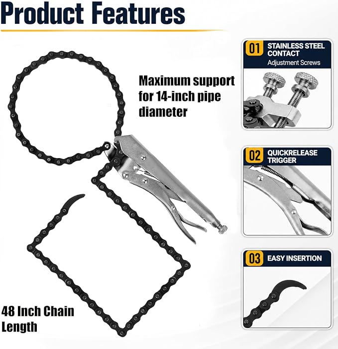 PCA2048 Heavy Duty Pipe Alignment Chain Pliers – 14" Max Diameter, Replaceable Nickel Plated 48" Chain, Adjustable Stainless Steel Contacts