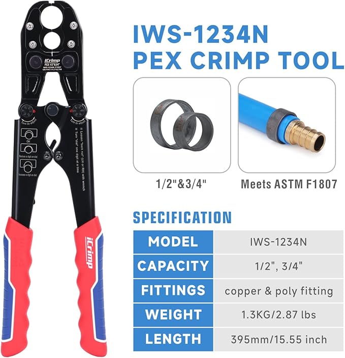 iCrimp IWS-1234N PEX Crimping Tool for 1/2’’ & 3/4’’ Copper Crimp Rings, Combo PEX Crimper with Interchangeable Die Set for Tight Space, Patented