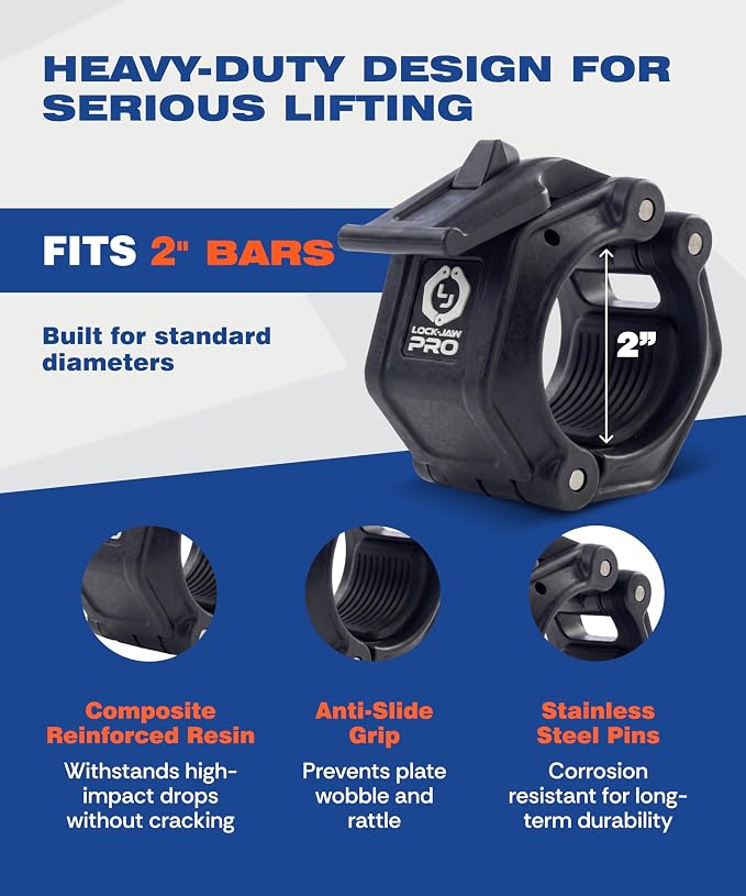 Lock-Jaw PRO 2 Barbell Collars/Clamps, 2"/50mm Olympic Bars