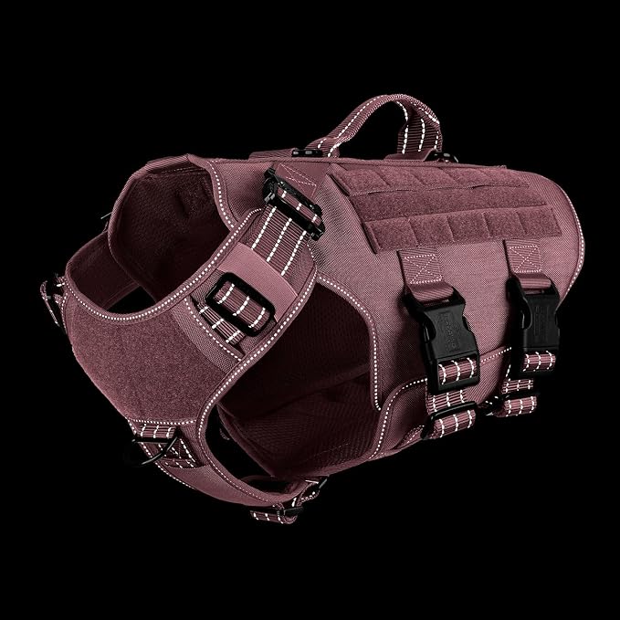 ICEFANG No Pull Tactical Dog Harness for Large Dogs,Adjustable Dog Vest | Control Handle,MOLLE Panel,Front Hook,3 Leash Clips,Soft Padded,for walking training,Pink,Large