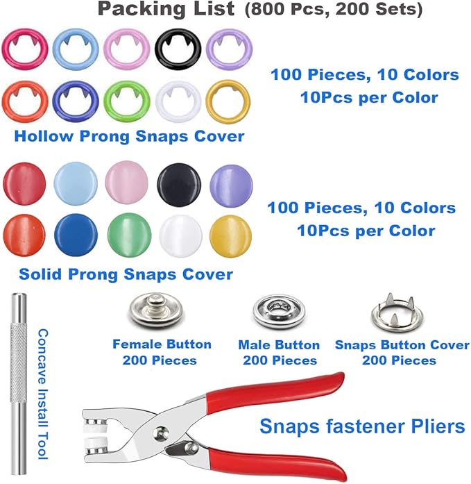 EuTengHao 804Pcs Snap Fasteners Tool Kit Hollow and Solid Metal Prong Snaps Buttons with Setting Tool for Clothing Crafting Sewing,Leather Snaps Buttons for Jeans Wears Bags(200 Sets,10 Colors,9,5mm)