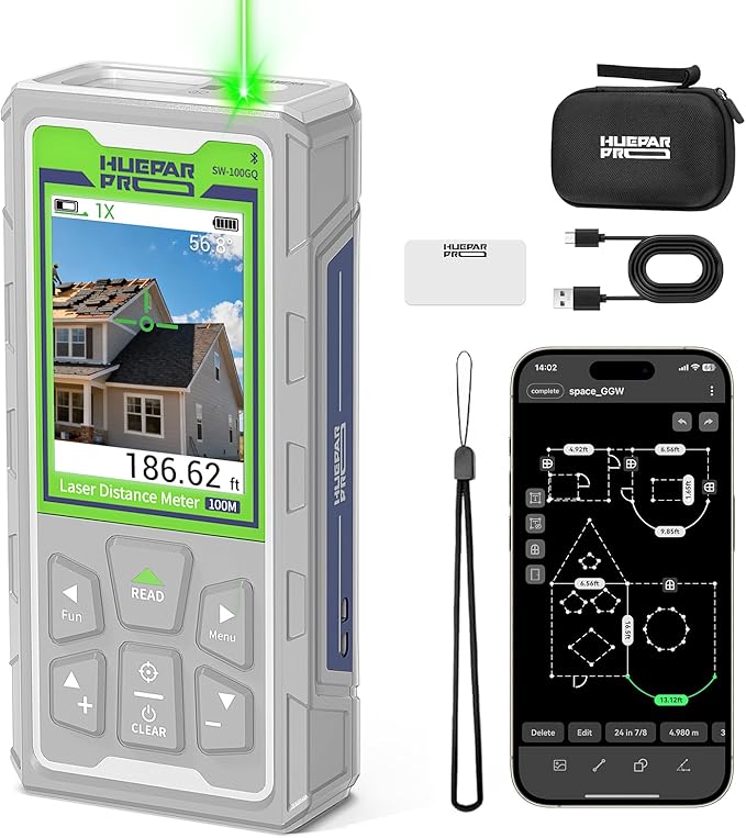 Huepar Pro Laser Measuring Tool, 330Ft Outdoor Laser Measure with Camera & Bluetooth Connected, Laser Distance Meter with P2P Technology, Free APP, IP68, Micro USB Cable, Hand Strap & Pouch -SW-100GQ