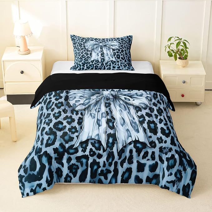 Feelyou Leopard Print Comforter Set All Season Cute Blue Bow Bedding Set with 1 Pillow Cases Cheetah Animal Fur Microfiber Kids Toddler Bedclothes Bedroom Decor Duvet Quilt Breathable Soft Lightweight