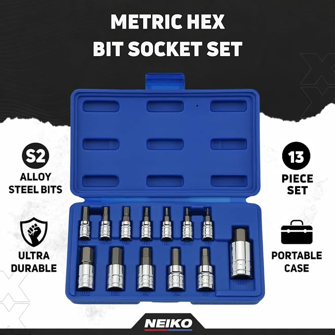 NEIKO 10074A Metric Hex Bit Socket Set | 13-Piece Set | S2 and Cr-V Steel | 1/4-Inch, 3/8-Inch and 1/2-Inch Drive | 2mm to 14mm