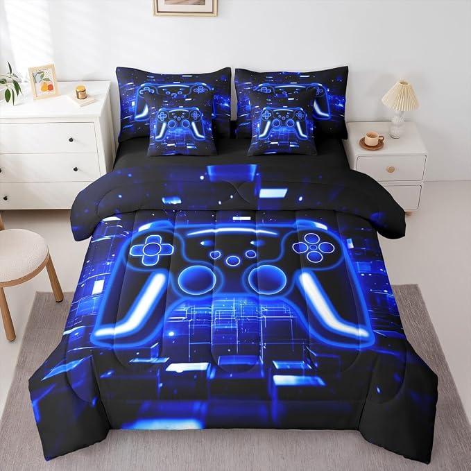Gamer Bed in a Bag King Size Comforter Set 7 Pieces, Gaming Bedding Sets Neon Lights Video Game Console Comforter and Sheet Set, Blue Brick Cube Room Decor,Gamer Decor for Boys Bedroom