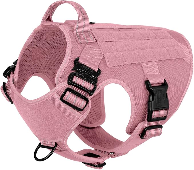 ICEFANG Tactical Dog Harness for Large Dogs,Reflective No Pull Dog Vest | with Control Handle,Adjustable,Front Hook,2 Leash Clips,Soft Padded,MOLLE Panel,Pink,Large