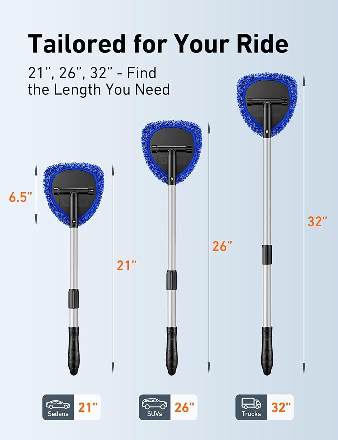AstroAI 21" Windshield Cleaner Tool, Car Interior Detailing Cleaning Kit with Extendable Handle and 4 Upgraded High-Density Reusable Microfiber Pads, Auto Glass Wiper Brush Kit for Cars, Blue