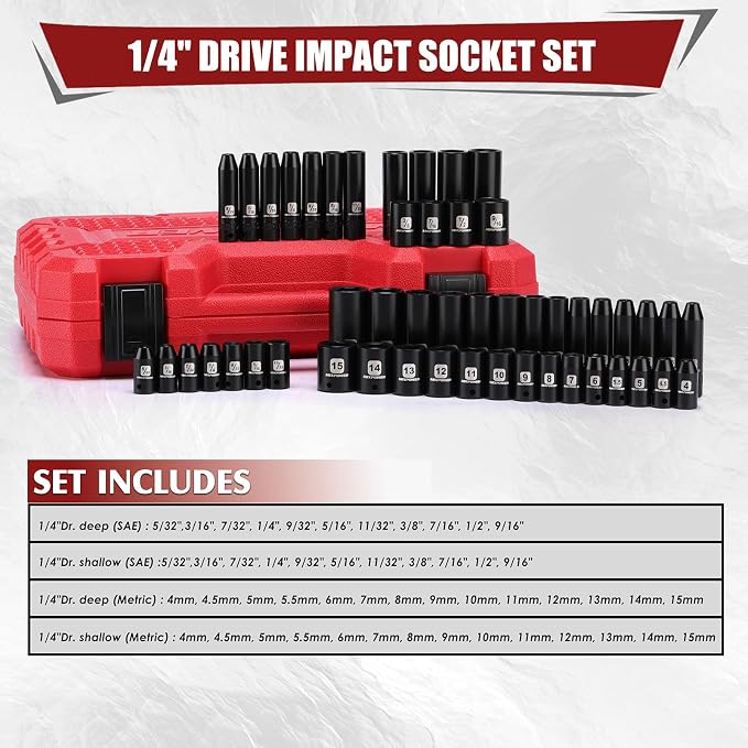 MIXPOWER 50 Pieces 1/4" Dr. Impact Socket Set, CR-V, 6 Point, SAE/Metric, 5/32 Inch - 9/16 Inch, 4mm - 15mm, Shallow/Deep