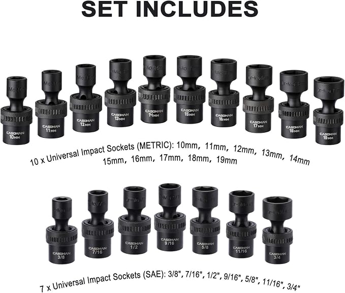 CASOMAN 87PCS 3/8" Drive Master Impact Socket Set, SAE & Metric Standard, Deep, Swivel Sockets,Cr-MO Steel, Includes Star and Inverted Star Socket, Impact Universal Joint, Extension Bars