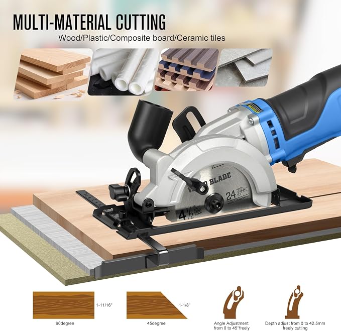 Mini Circular Saw, 6Amp 5200RPM Corded Circular Saw with Rip Guide, 24T TCT Wood Blade & 60T HSS Metal Blade – 1.67" Cutting Depth at 90°, 1" at 45° for Bevel Cuts, for Wood, Thin Metal, PVC