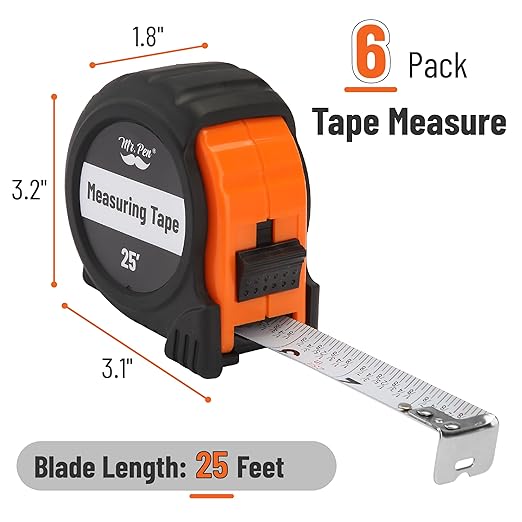 Mr. Pen- Tape Measure, 25-Foot, 6 pcs, Orange, Steel Measuring Tape, Bulk Tape Measure with Fractions