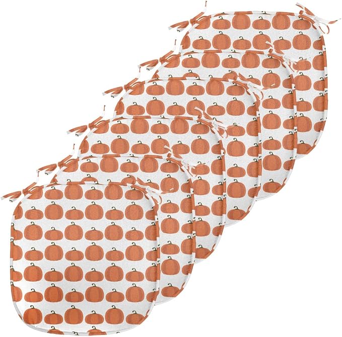 Lunarable Autumn Pumpkin Chair Seating Cushion Set of 6, Simplistic Halloween Fruit Pattern on Plain Backdrop, Anti-Slip Seat Padding for Kitchen & Patio, 16"x16", Burnt Orange Green Brown