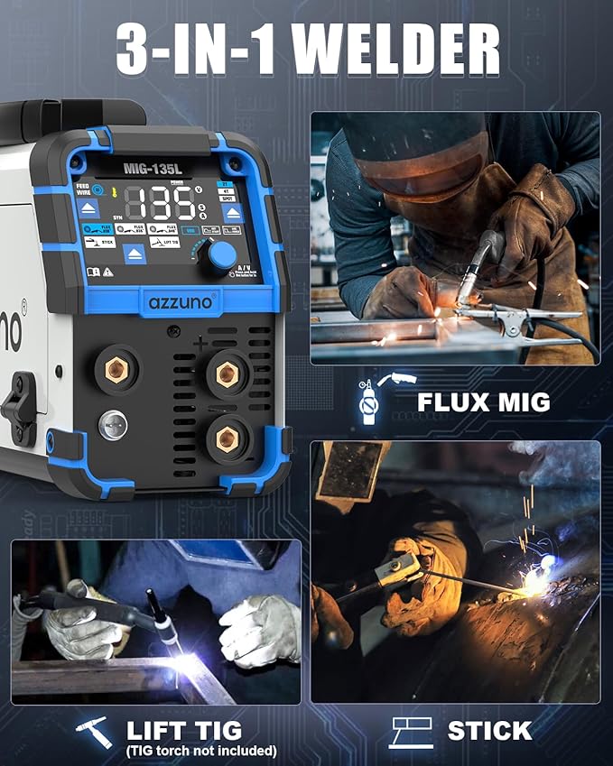AZZUNO 135A MIG Welder 110V, 3-in-1 Welding Machine with Gasless Flux Core MIG/Lift TIG/Stick Welding, Wire Feed Welder with Synergic Control, Portable Flux Core Welder for Home DIY & Repair