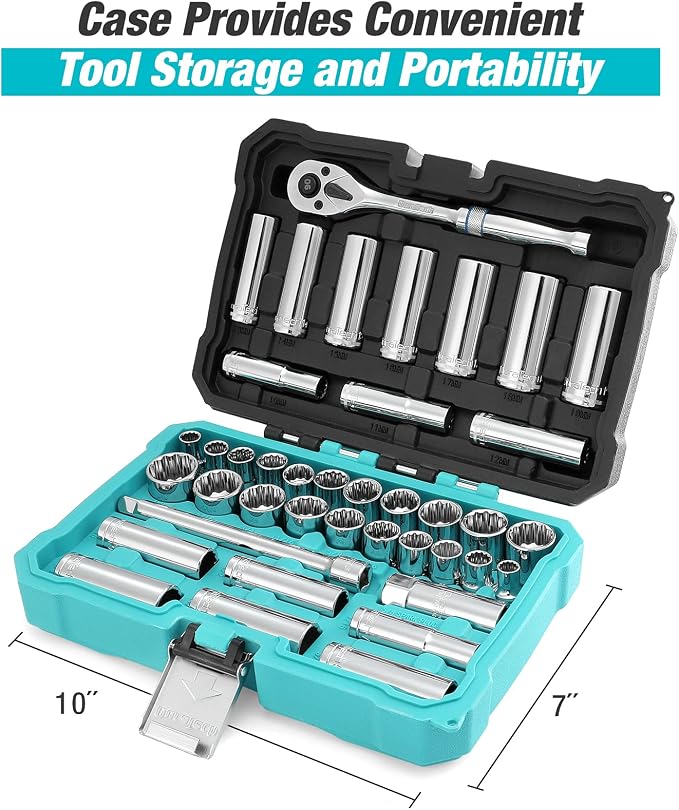 DURATECH 3/8" Drive Socket Set, 40-Piece Metric & SAE Tool Set | Includes 90-Tooth Ratchet Handle and Extension Bar for Auto Repair, Maintenance and DIY Work