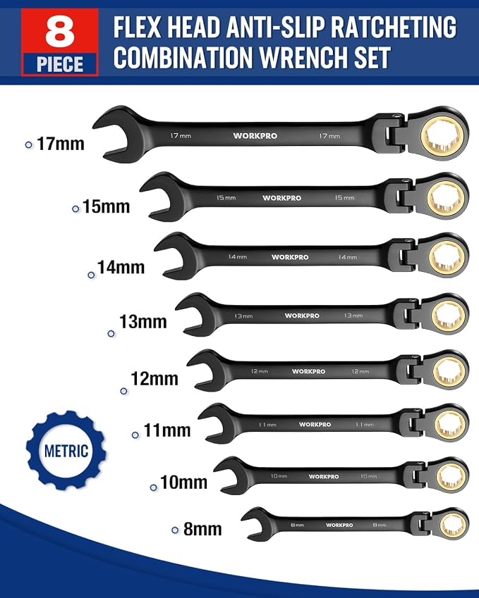 WORKPRO 8-piece Ratcheting Combination Wrench Set, Metric & Anti-Slip Tooth | Metric 8-17mm, 180° Flex-Head, 72-Tooth Cr-V Steel, Black Electrophoretic Coating with Rolling Pouch for Auto Repair & DIY