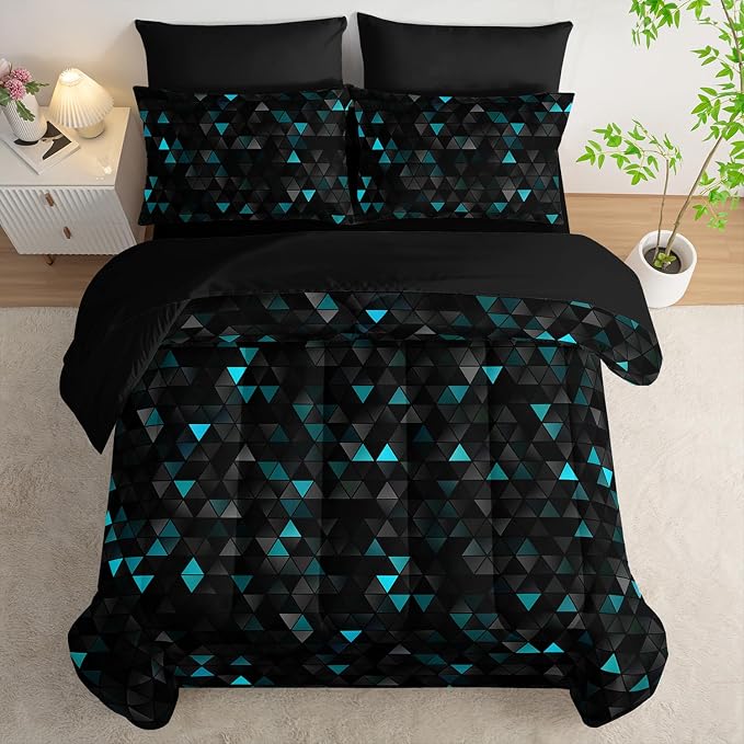 Nttopship Geometric Turquoise Black Triangle Twin Comforter Set, Light Honeycomb Bedding Set 7 Piece in A Bag,Bed Sheet Set Geometry Decor,Microfiber Lightweight All Season