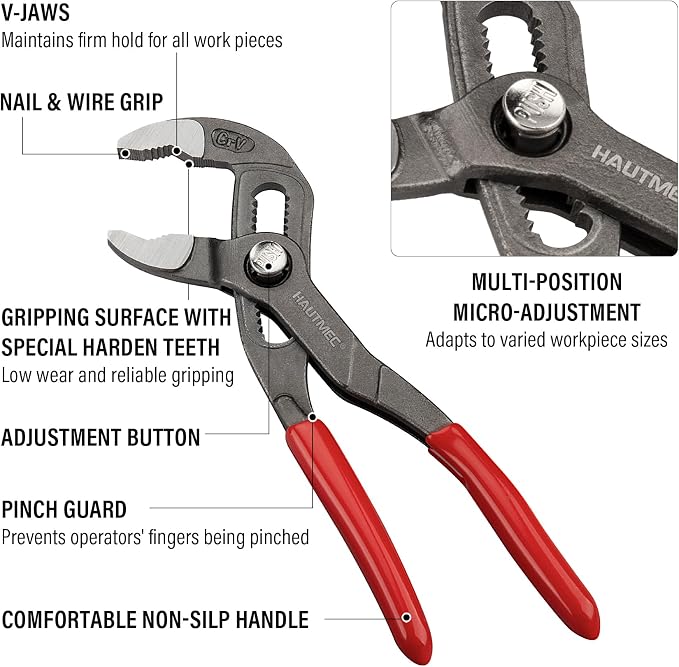 HAUTMEC 6-Inch Water Pump Pliers, Fast Adjustable Tongue and Groove Joint Pliers, V-Jaw with Comfort Grips, Rust-Proof CRV Steel Construction for Plumbing, Home Repair, and Pipe Fittings