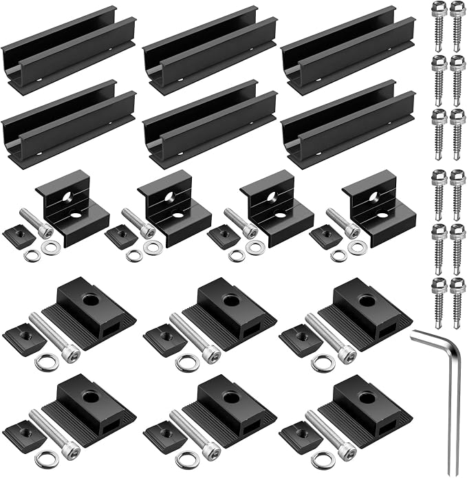 Anbte Solar Panel Mounting Brackets for Roof, Aluminum Solar Rails, Black | Solar Panel Mounting Kit For 4 Panels, Included 10 X 4.72 In Rails+4 End Clamps+6 Center Clamps+1 Wrench, For Roof, RV, Boat