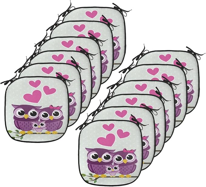 Lunarable Owls Chair Cushion Pads Set 12, Animal Couple Owl Sitting on a Branch Family Portrait Cartoon Art, Anti-Slip Seat Padding for Kitchen & Patio, 16"x16", Purple Yellow Pink