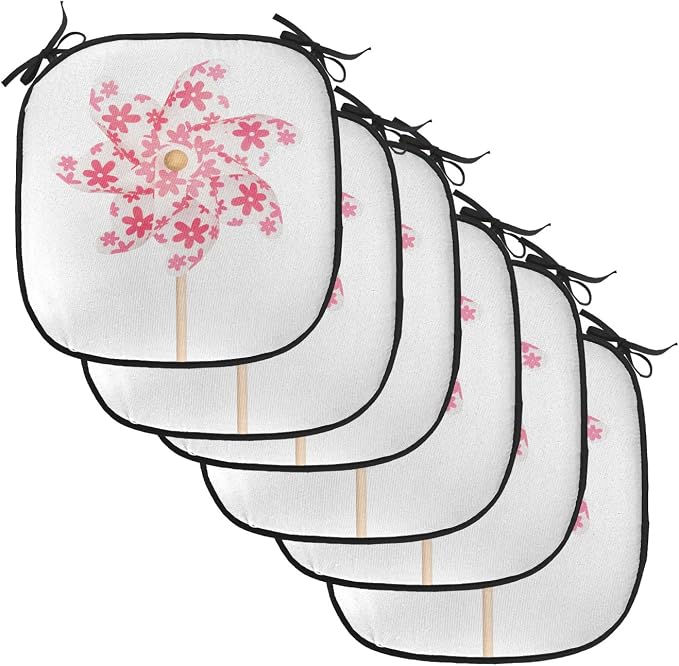 Lunarable Pinwheel Chair Cushion Pads Set of 6, Pinwheel Paper Power Wood Cheering Color Pin Freedom Happiness Family Time, Anti-Slip Seat Padding for Kitchen & Patio, 16"x16", White Coral Rose