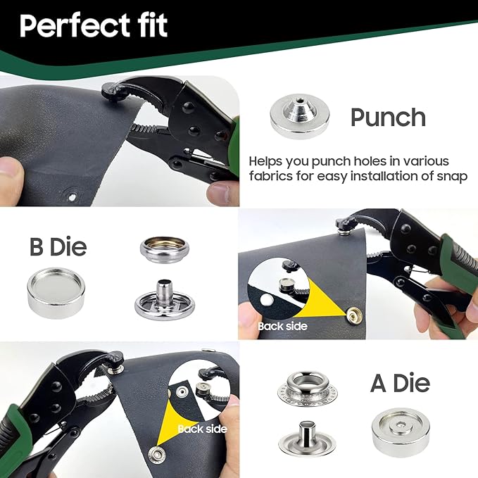 Heavy Duty Snap Fastener Tool kit, Punching Function, Snap Button Tool with Adjustable Setter, 15mm snap Tool with 100 Sets Boat Cover Snaps