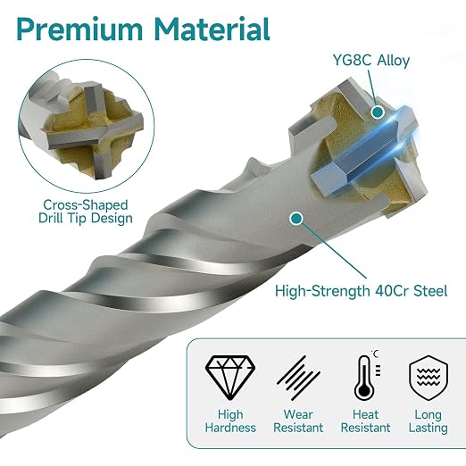 5/16 Inch x 12.2 Inch SDS Plus Rotary Hammer Drill Bit, Cross Tip Double Threaded Carbide Tipped for Concrete, Brick, and Stone (5/16" x 10.5" x 12.2")