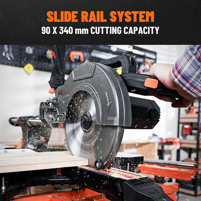 DOVAMAN Updated 10-Inch Sliding Miter Saw, Multi-Material Cutting w/ 3 x TCT Blades, Ambidextrous Operation, 5000/3200RPM Speed, Laser Guide, 0-45° Bevel Cut, Max Cut 3.5x13.4in, 9 Positive Stops