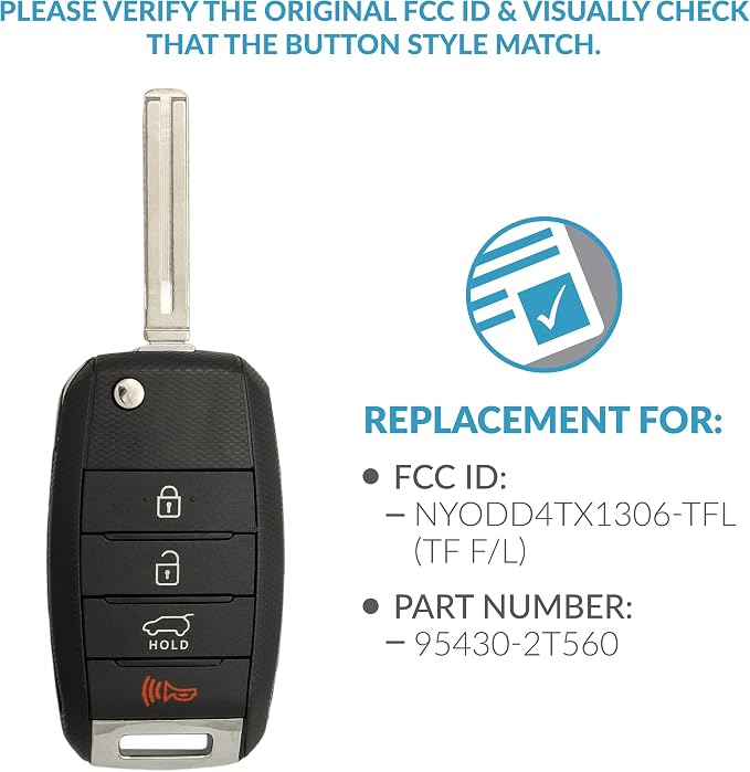 Keyless2Go Replacement for 4 Button Remote Key Kia NYODD4TX1306-TFL (TF F/L) 95430-2T560 (4D60 CHIP)