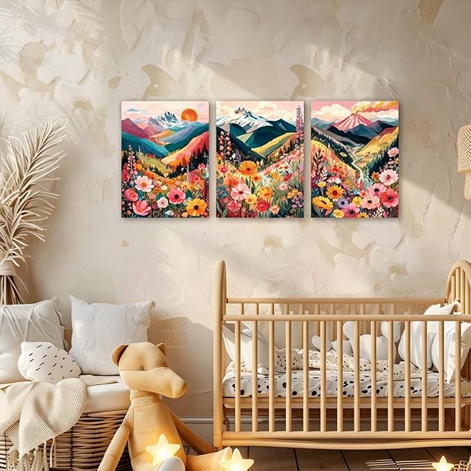 Frimeeme Colorful Floral Mountain Wall Art Set of 3, Boho Nature Landscape Print, Unframed, for Living Room Bedroom Bathroom Office Home Decoration 12x16in
