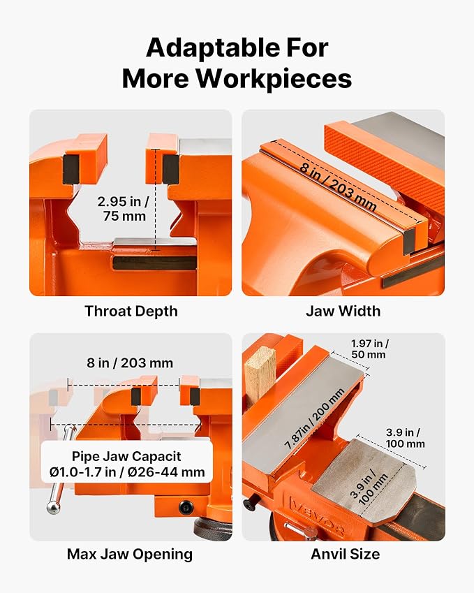 VEVOR Heavy Duty Bench Vise, 8" Jaw Width, Multi-Purpose Ductile Iron Bench Vise with Anvil and 360-Degree Locking Swivel Base, 2.95" Throat Depth, 8" Max Jaw Opening, for Drilling, Pipe Cutting