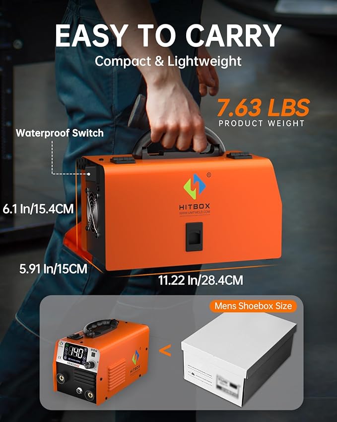 HITBOX 140A Mig Welder Machine 110v 3 in 1 Flux Core Welding/Lift TIG/Stick Gasless Wire Maquina de Soldar Upgraded Handheld Welder Gun Welding Kit High-End Chip with IGBT Inverter LED Display