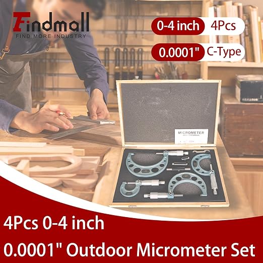 findmall 4Pcs 0-4 inch 0.0001" Outdoor Micrometer Set Machinist Tools 0-1" 1-2" 2-3" 3-4" Micrometer Set