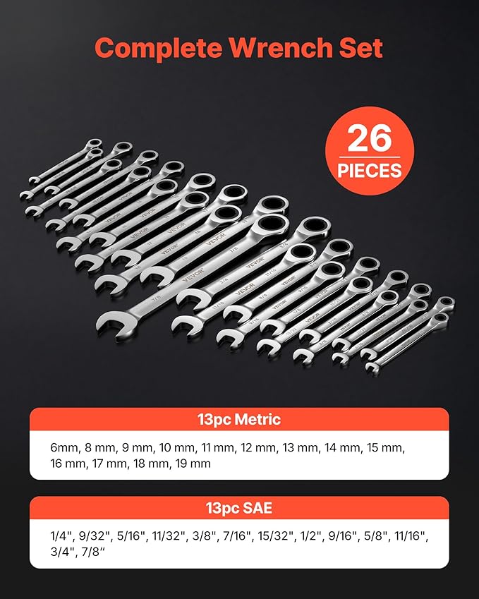 VEVOR Combination Wrench Set, 26-Piece SAE and Metric, 72 Teeth, Cr-V Steel Ratcheting Wrench Set, with Rack Organizer, Open End, Clear Size Labels, for General Household, Automotive Repairs, Silver