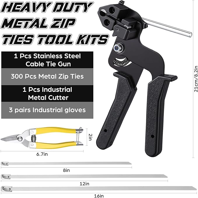 305 Pack Stainless Steel Cable Tie Gun Kit, 300 Pcs 8/11.8/16 Inch Metal Zip Ties (100 of Each), Adjustable Fastening and Cutting Tools for Fence, Chain Link Fence, Pipe, Industrial Use