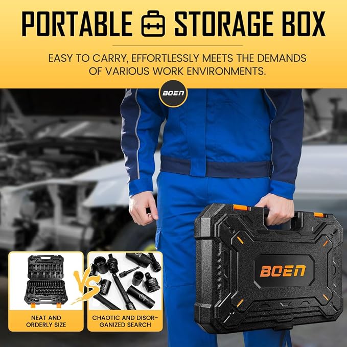 BOEN 1/2" Drive Impact Socket Set, 72 Piece Standard SAE (5/16"-1-1/4") & Metric (8-24 mm), Deep & Shallow Kit | Includes Ratchet Handle & Adapters | 3 ", 5", 10" Extension Bar