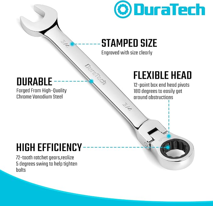 DURATECH 9-Piece Flex-Head Ratcheting Wrench Set, SAE, 5/16" to 3/4" | 5/16", 11/32", 3/8", 7/16", 1/2", 9/16", 5/8", 11/16", 3/4", 72 Tooth, CR-V Steel, Rolling Pouch Included