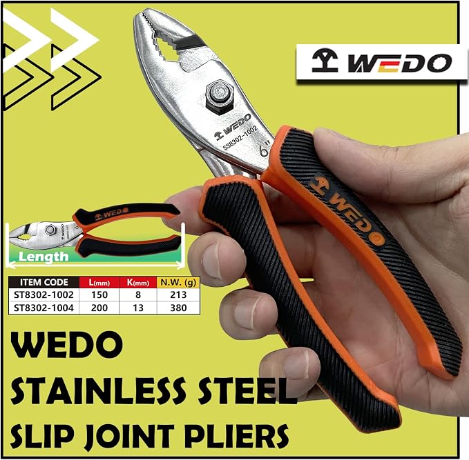 WEDO Slip Joint Pliers,Stainless Steel Combination Pliers,Wire Cutter with Anti-slippery Handle,Corrosion Resistant,Rust Proof,Surface without Chrome,Length 6"(150mm)